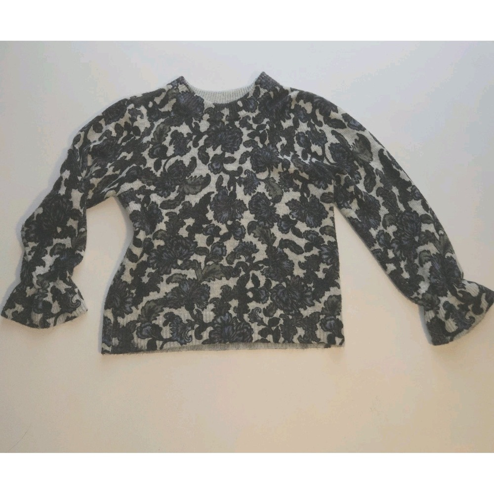 Democracy Floral Print Sweater Womens Gray Blue Medium Mohair Blend‎ Bell Sleeve